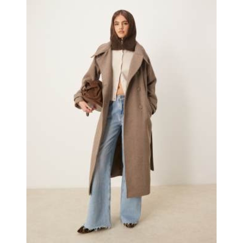 Gina Tricot wool blend belted midaxi coat with funnel neck detail in beige