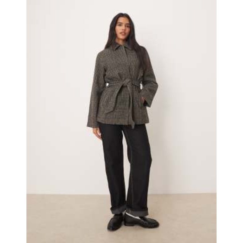 JDY tie waist coat in dark plaid