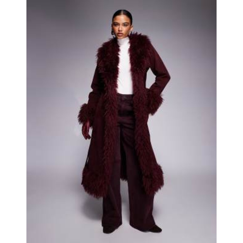 Kaiia exclusive faux fur trim penny lane maxi coat in burgundy