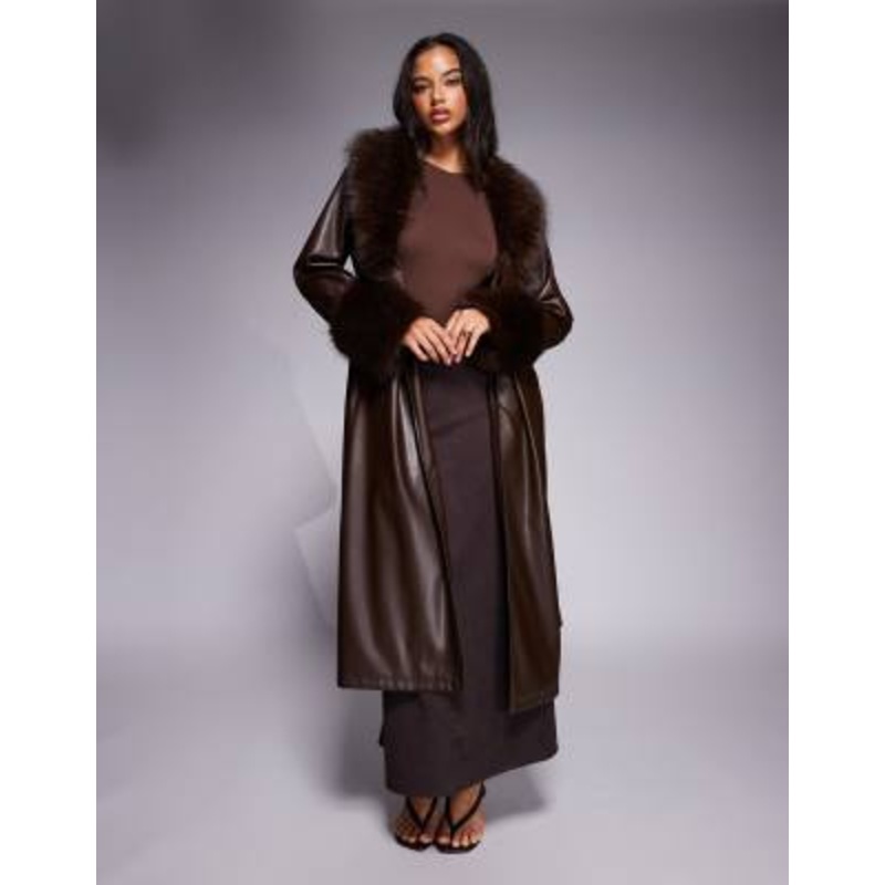 Kaiia exclusive faux leather fur trim maxi coat in chocolate brown