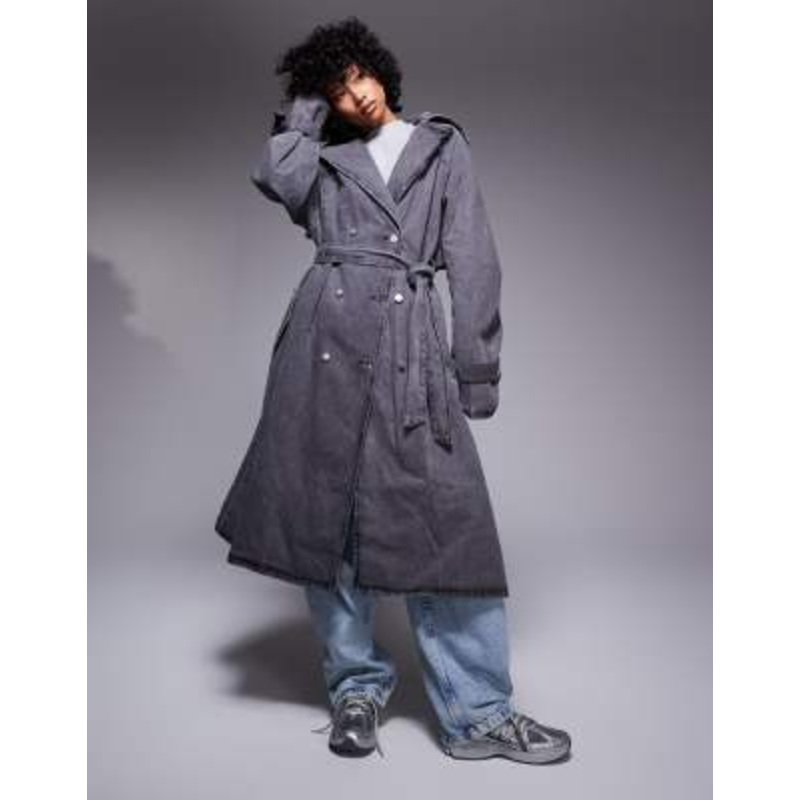 Liquor N Poker denim maxi trench coat with raw edges in gray