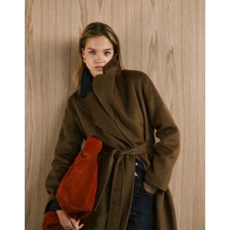 Mango wool mix longline tie waist coat in brown