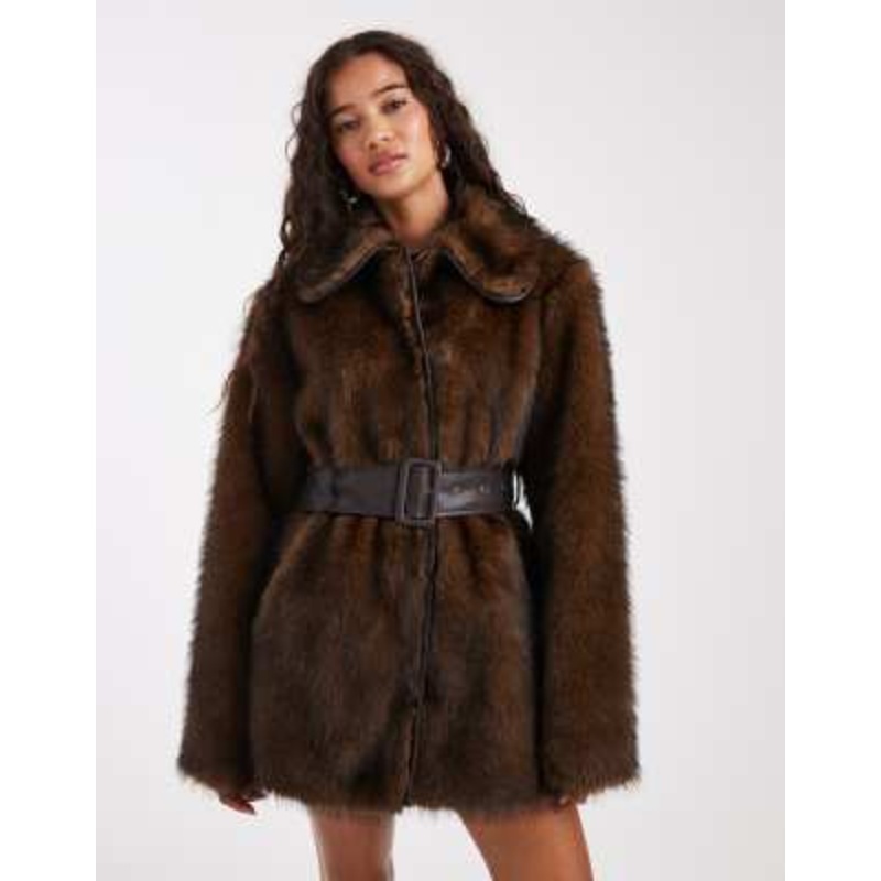 Miss Selfridge collar belted mid length faux fur coat in brown
