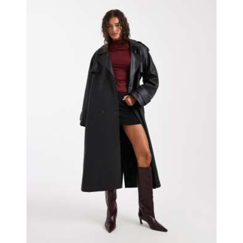Miss Selfridge crackled faux leather trench coat in black