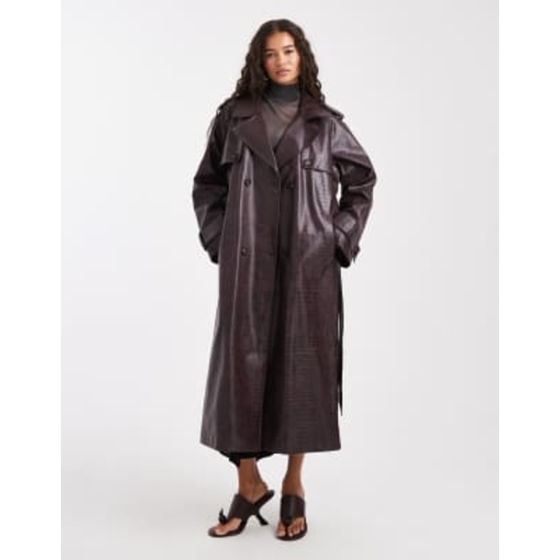 Miss Selfridge crackled faux leather trench coat in plum