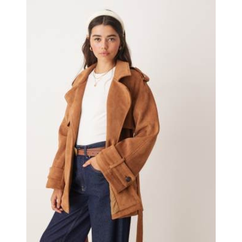 Miss Selfridge faux suede mid length trench coat in tan
