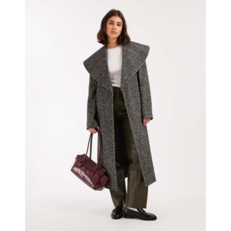 Miss Selfridge formal shawl collar wrap coat in herringbone