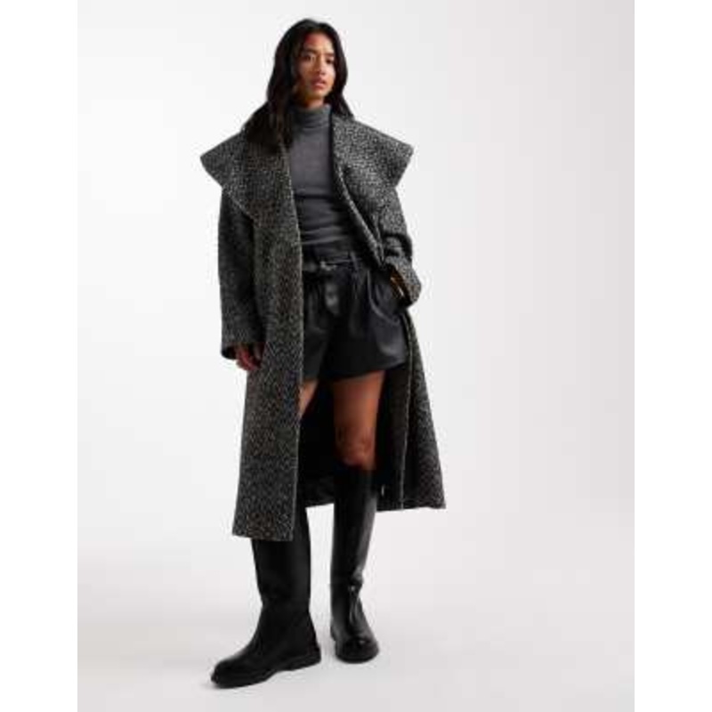 Miss Selfridge Petite formal shawl collar wrap coat in herringbone
