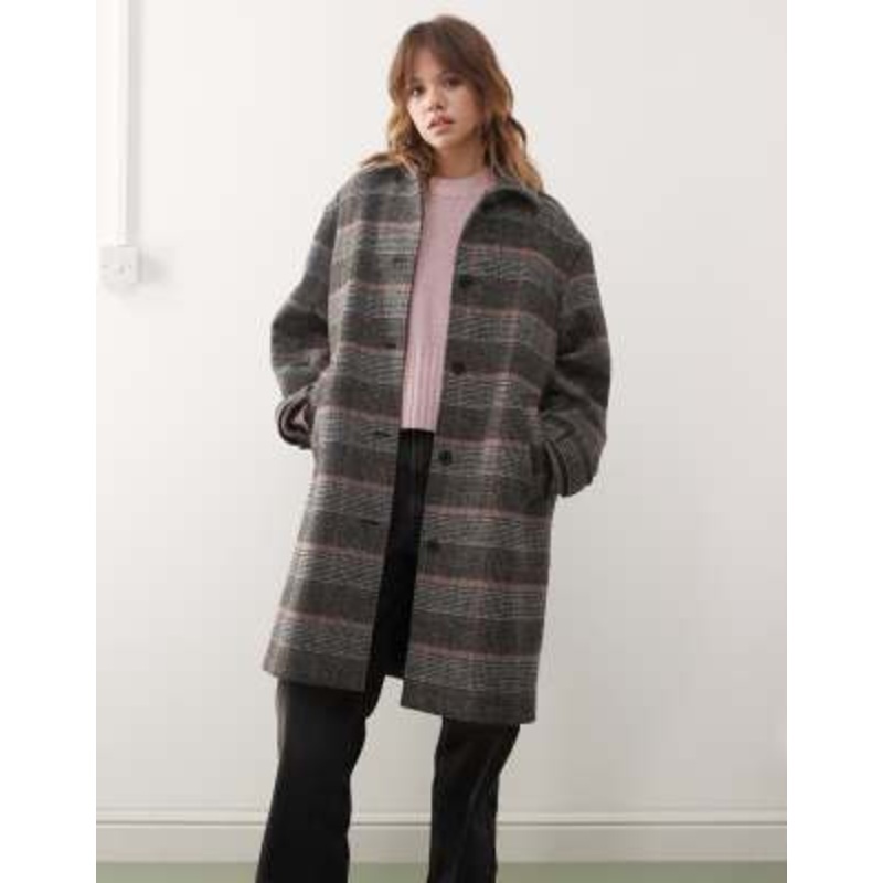 Monki longline coat with wool in gray plaid