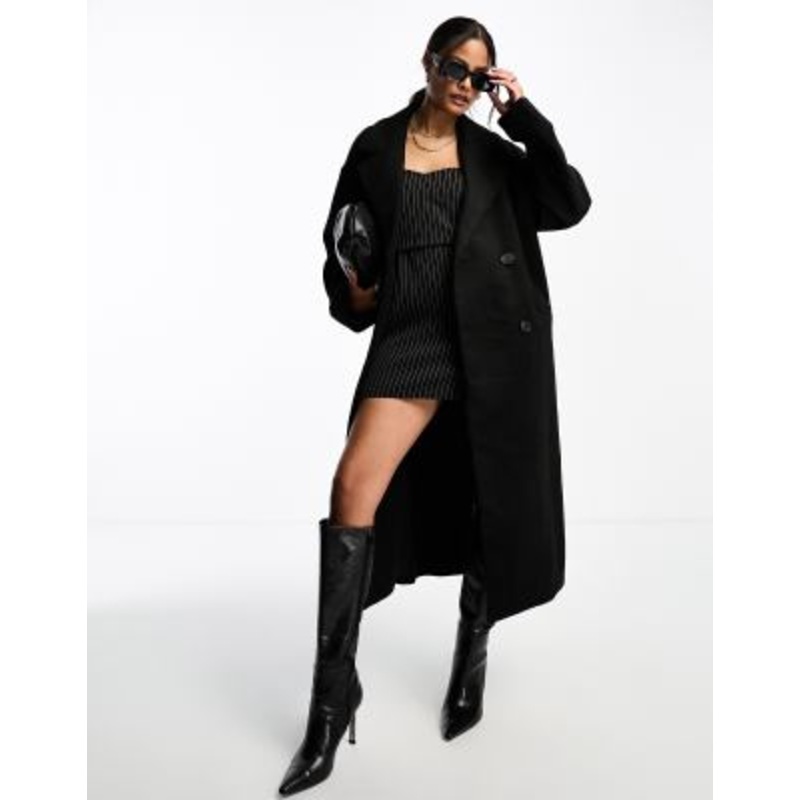 Monki oversize double breasted coat in black