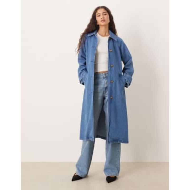 Nobody’s Child longline denim collar trench coat in mid wash