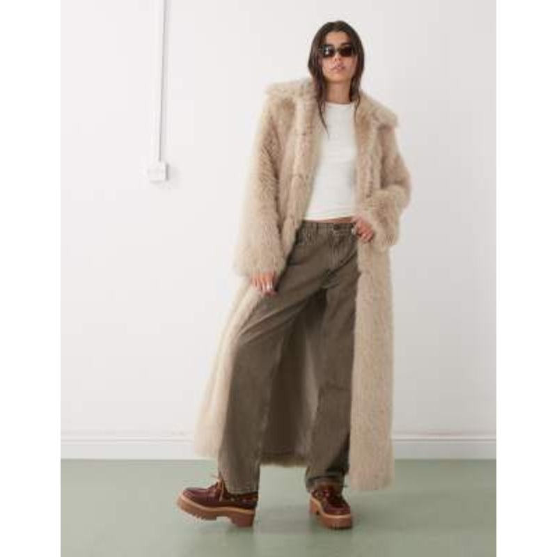 Noisy May faux fur longline coat in beige