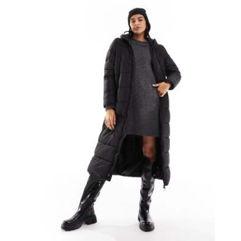 Noisy May longline padded coat with hood in black