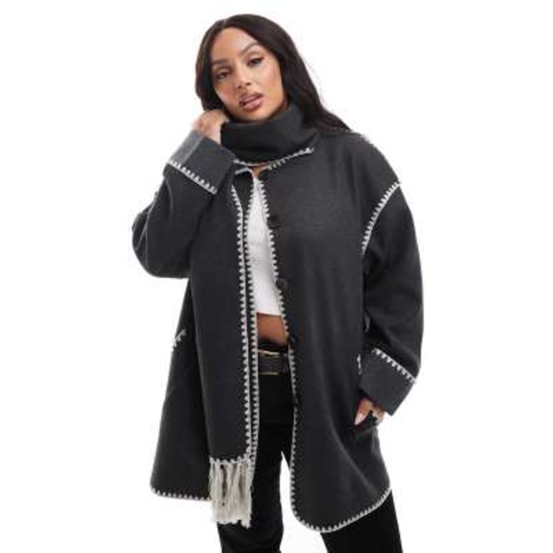 ONLY Curve scallop edge scarf coat in dark gray