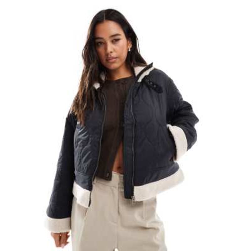 ONLY fleece trim onion quilted coat in black