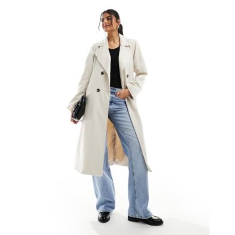 Pieces belted trench coat in stone