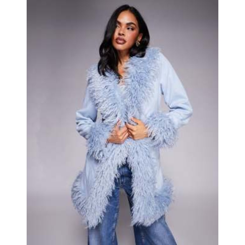 Princess Polly Josefina suedette faux fur trim longline coat in blue