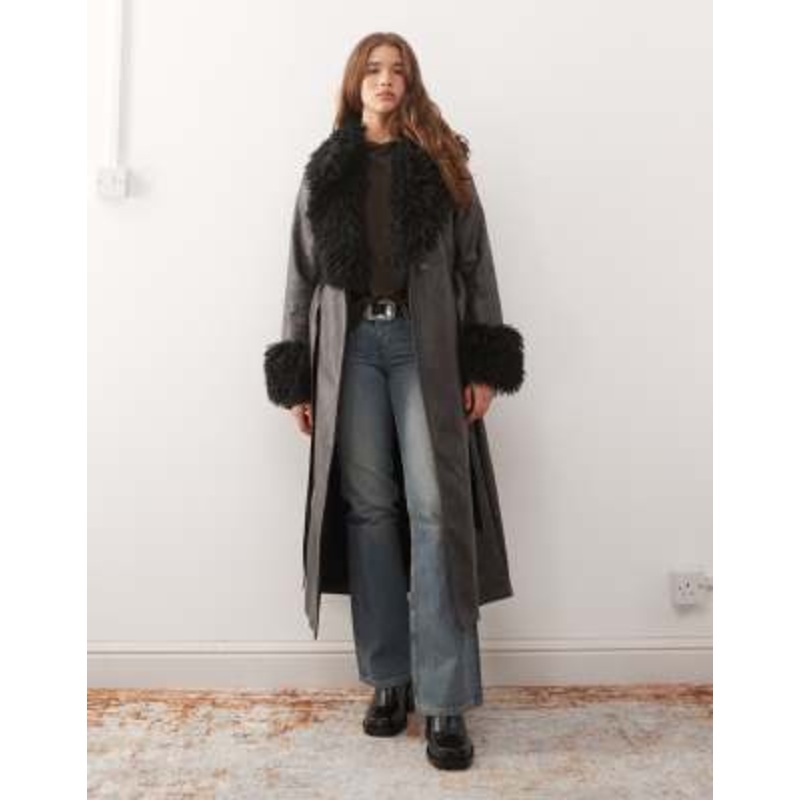 Reclaimed Vintage longline leather look trench coat with faux fur collar and cuffs in black