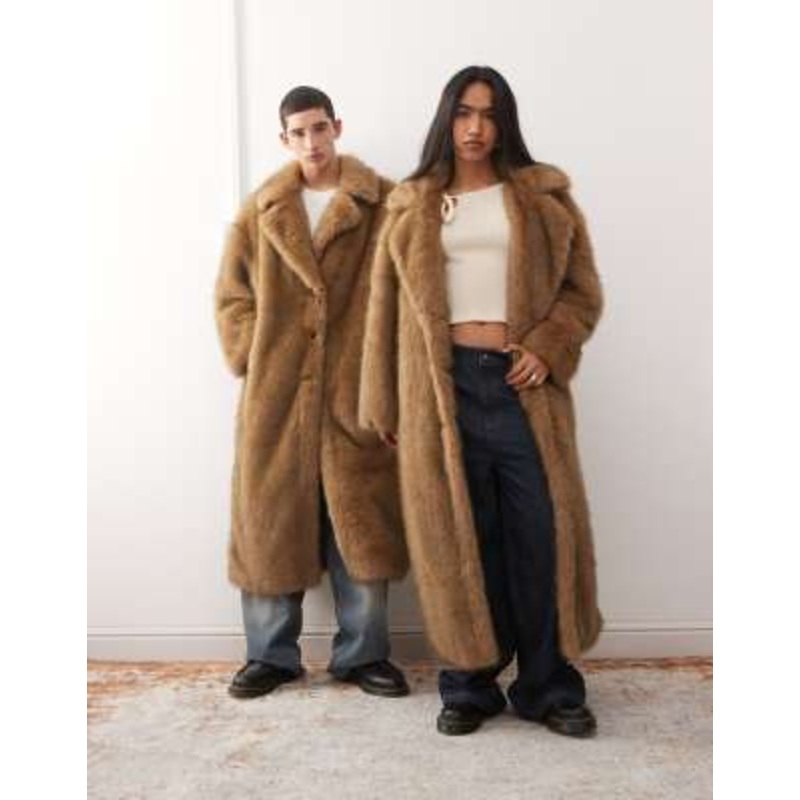 Reclaimed Vintage unisex faux fur maxi coat in brown