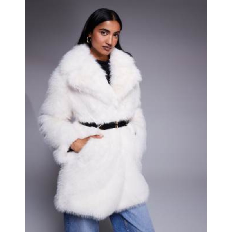 River Island belted mid length faux fur coat in cream