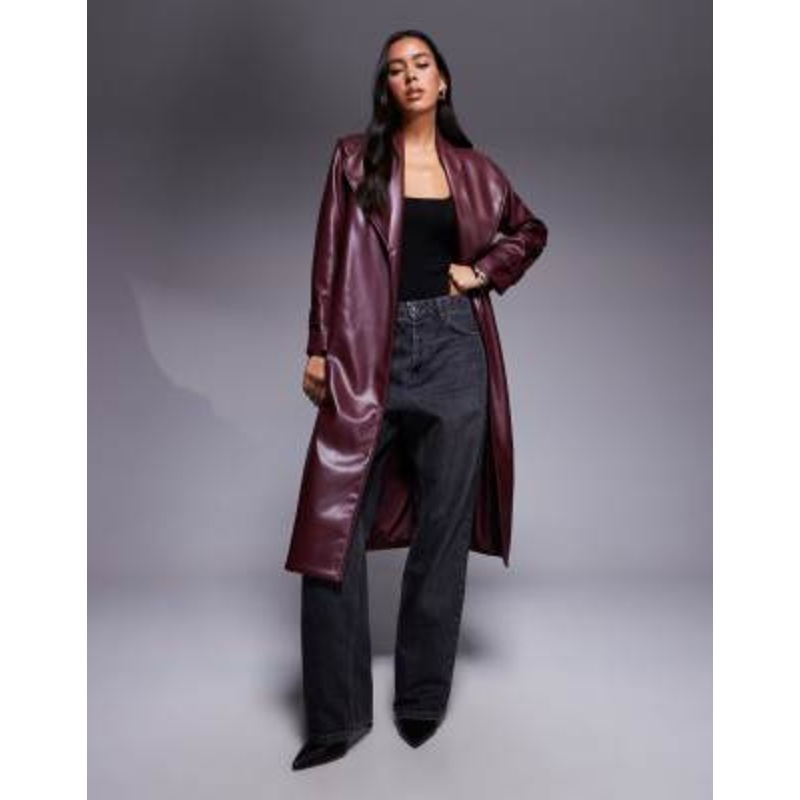 River Island faux leather longline wrap coat in dark red