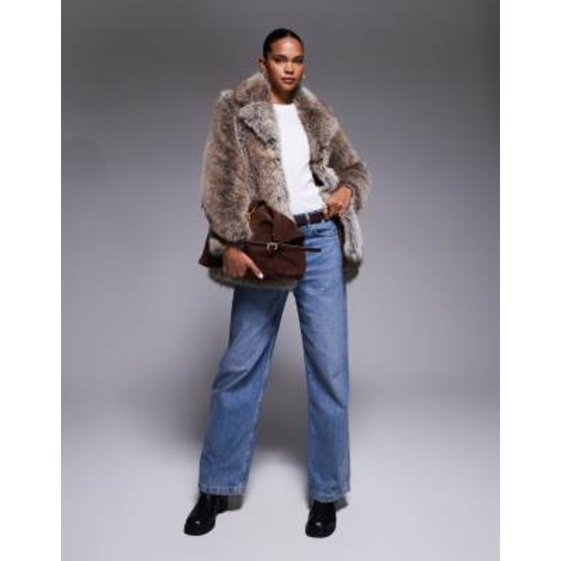 River Island mid length faux fur coat in dark brown