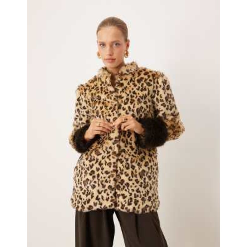 Sister Jane Malone faux fur contrast cuffs coat in leopard print
