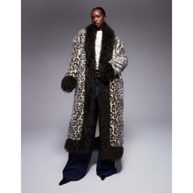 The Frolic Exclusive faux fur mongolian trim maxi coat in brown leopard print