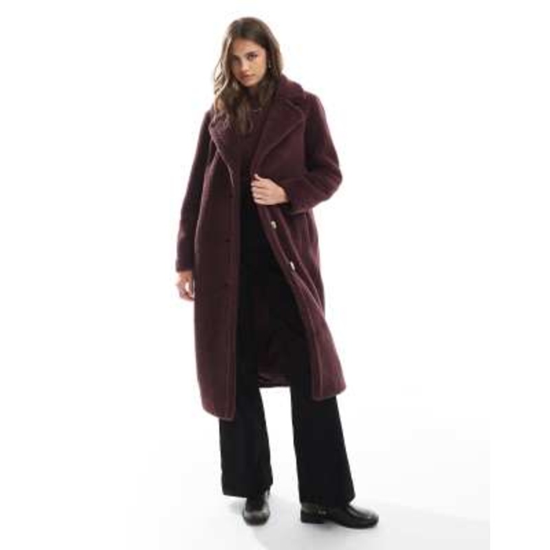 Threadbare maxi borg coat in burgundy
