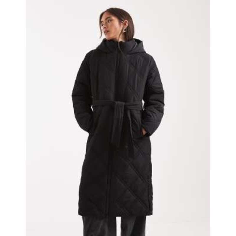 Threadbare quilted maxi length coat with belt in black