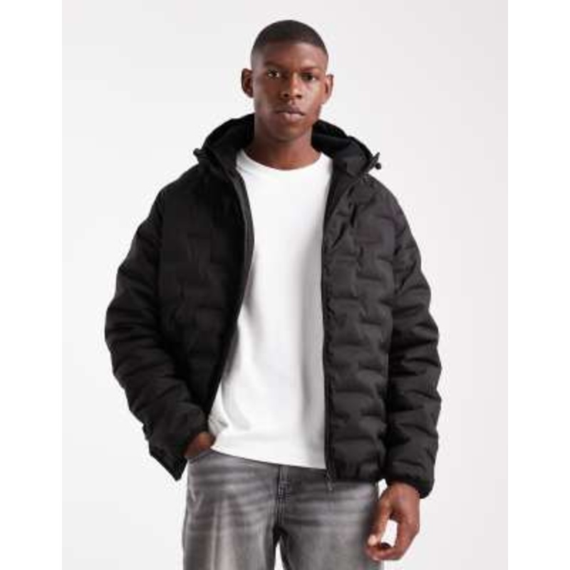 Threadbare textured puffer coat with hood in black