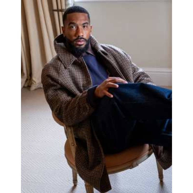 Topman oversized brushed plaid wool blend overcoat in brown