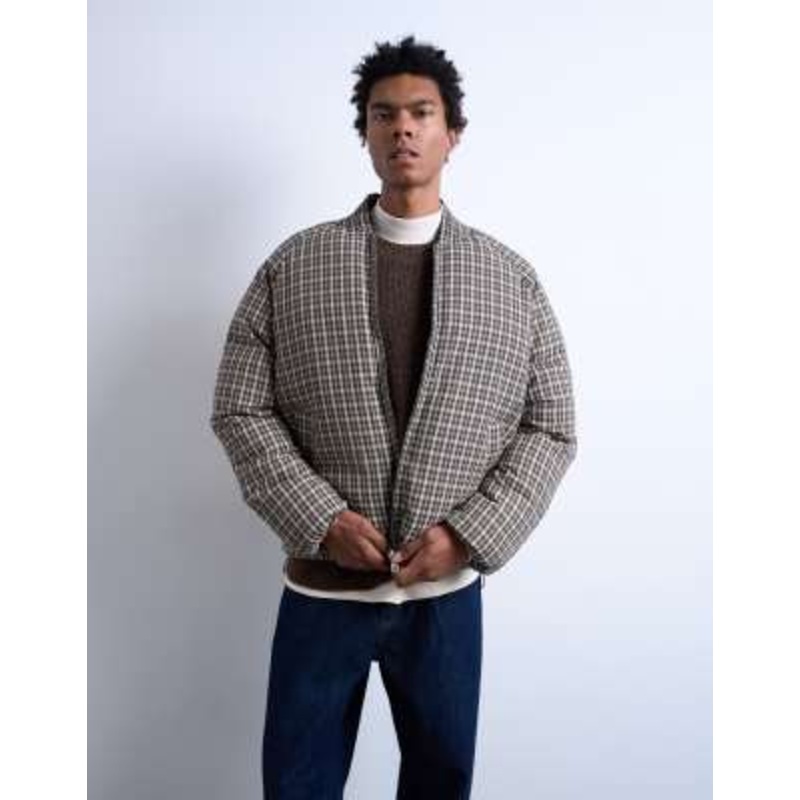 Topman plaid oversized puffer coat in black