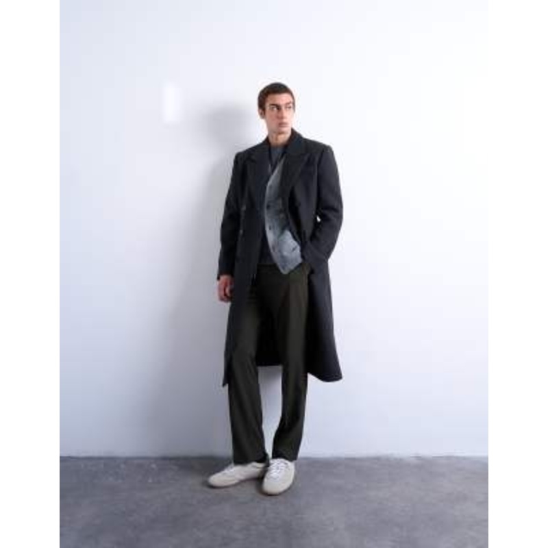 Topman wool blend waisted double breasted overcoat in charcoal