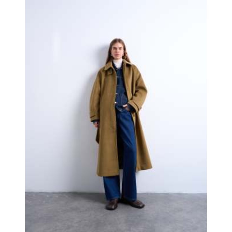 Topshop belted longline formal car coat in sage