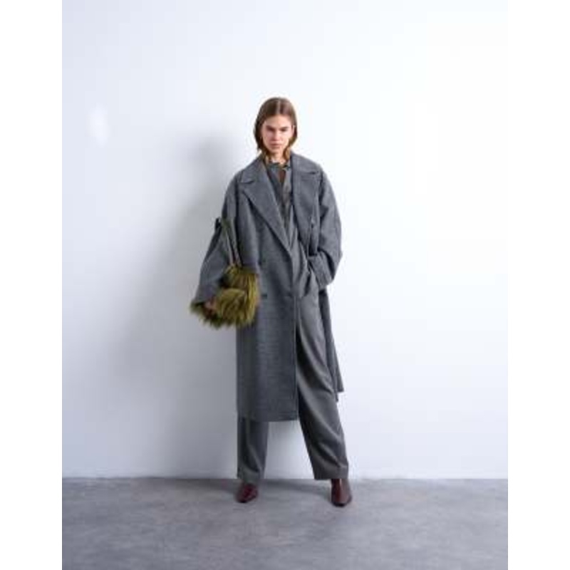 Topshop clean double breasted longline coat in charcoal