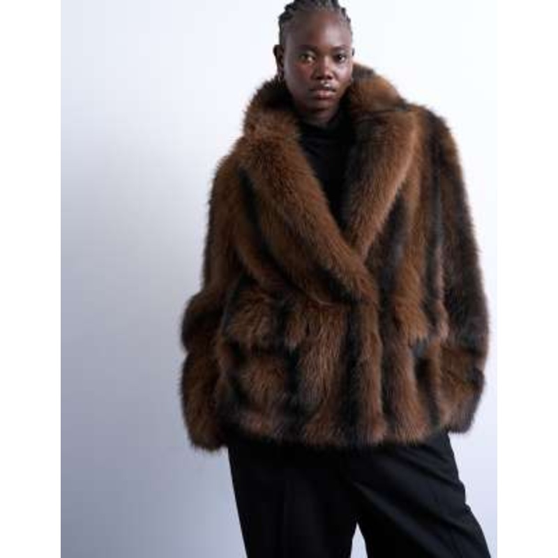 Topshop faux fur boxy blazer coat in brown stripes