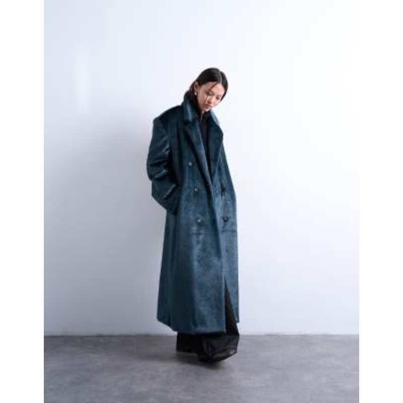 Topshop faux fur longline double breasted coat in teal
