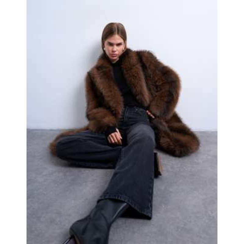 Topshop faux fur longline striped coat in brown