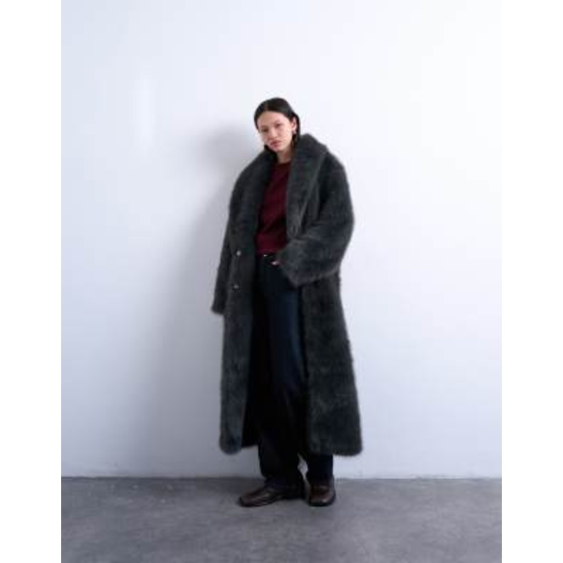 Topshop faux fur oversized shawl extra long coat in charcoal