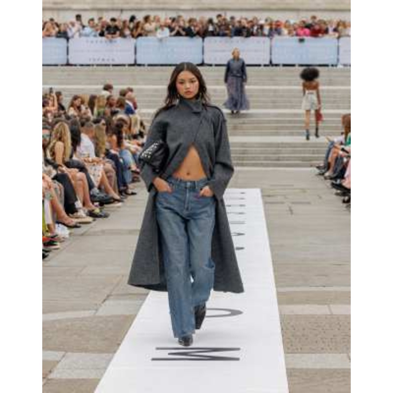 Topshop formal longline funnel neck car coat in gray