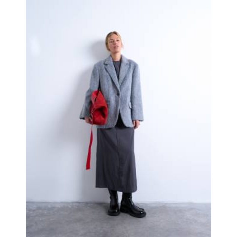 Topshop longline brushed one button blazer coat with wool in gray heather