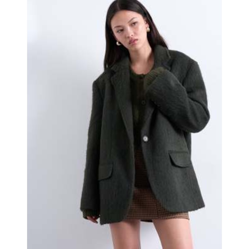 Topshop longline brushed one button wool blend blazer coat in khaki green