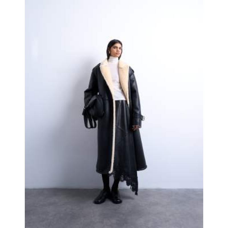 Topshop longline oversized aviator teddy trim coat in black and cream