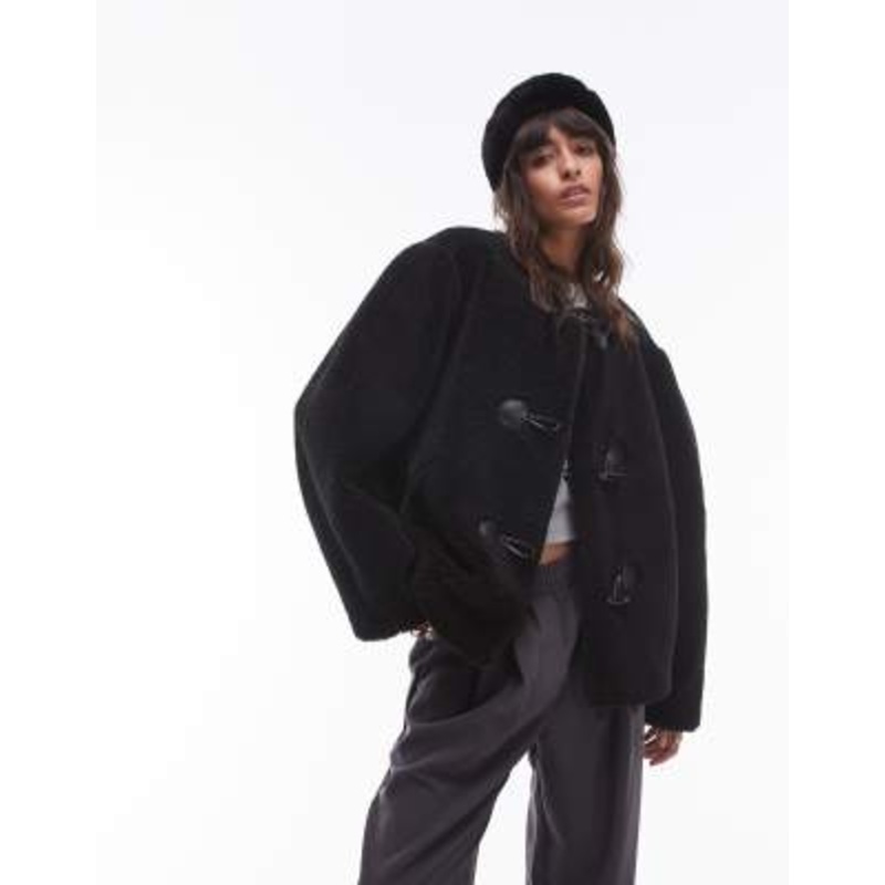 Topshop toggle collarless short borg coat in black