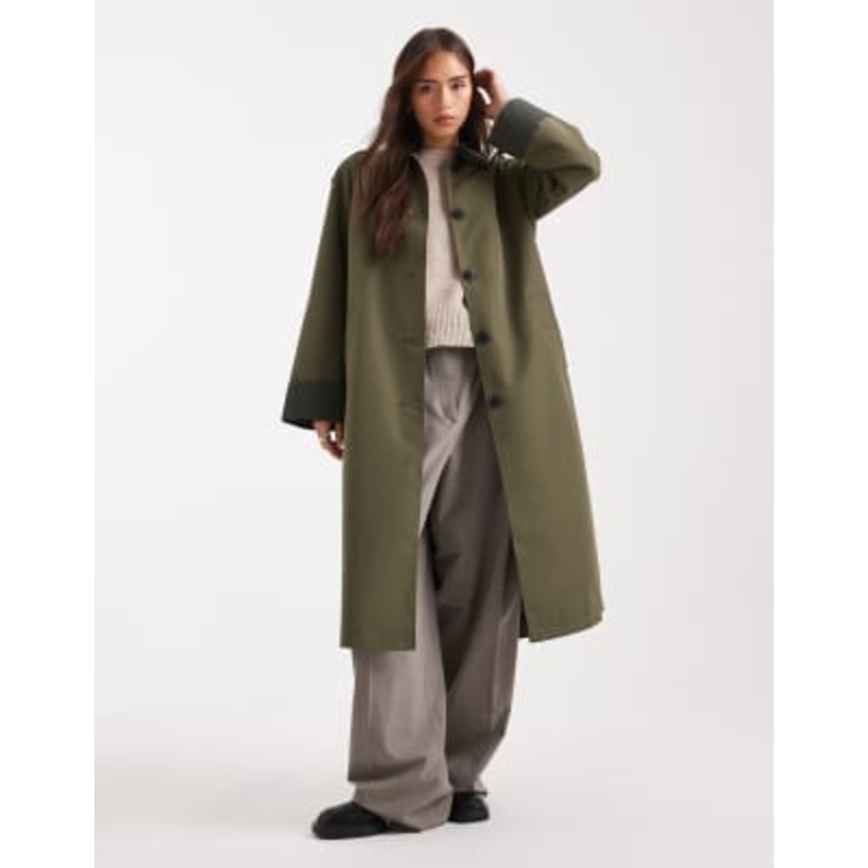 Vero Moda contrast collar button down trench coat in khaki