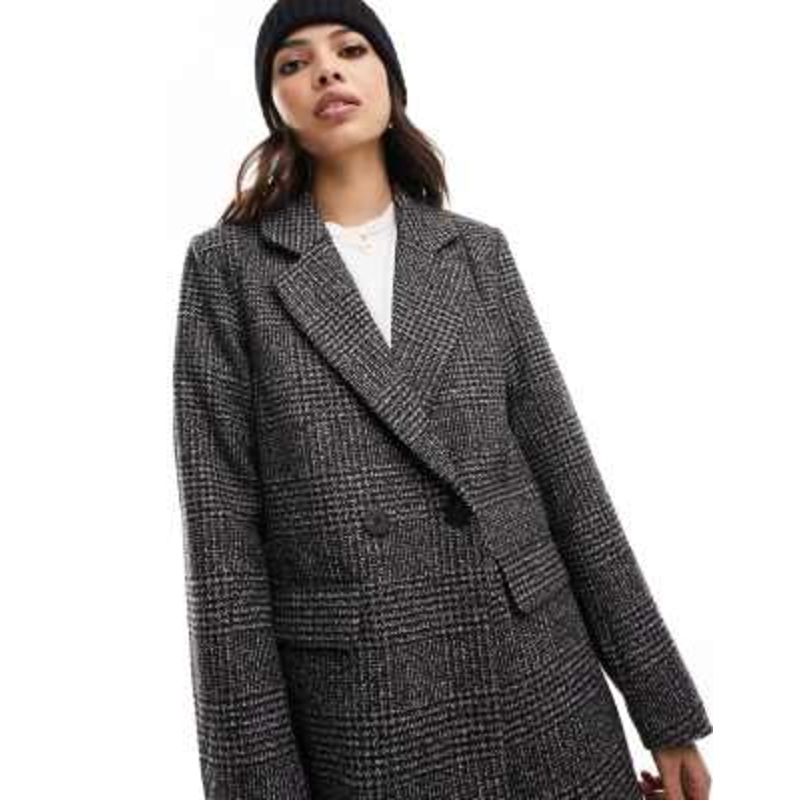 Vila double breasted wool blazer coat in gray check