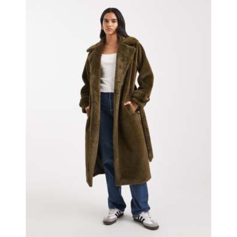 Wednesday’s Girl belted faux shearling midaxi coat in deep olive