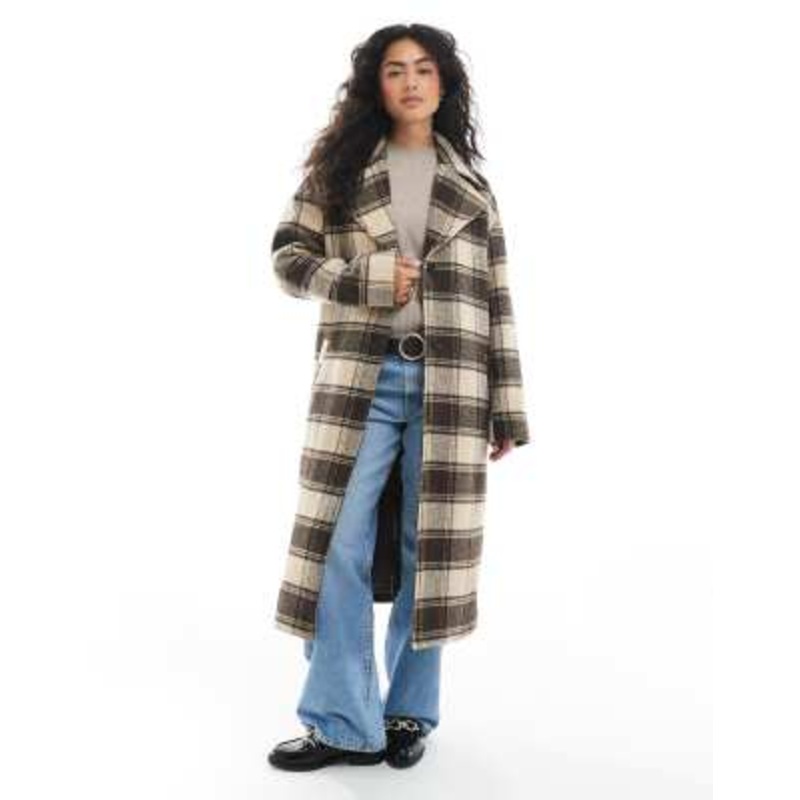 Wednesday’s Girl brushed plaid longline coat in brown