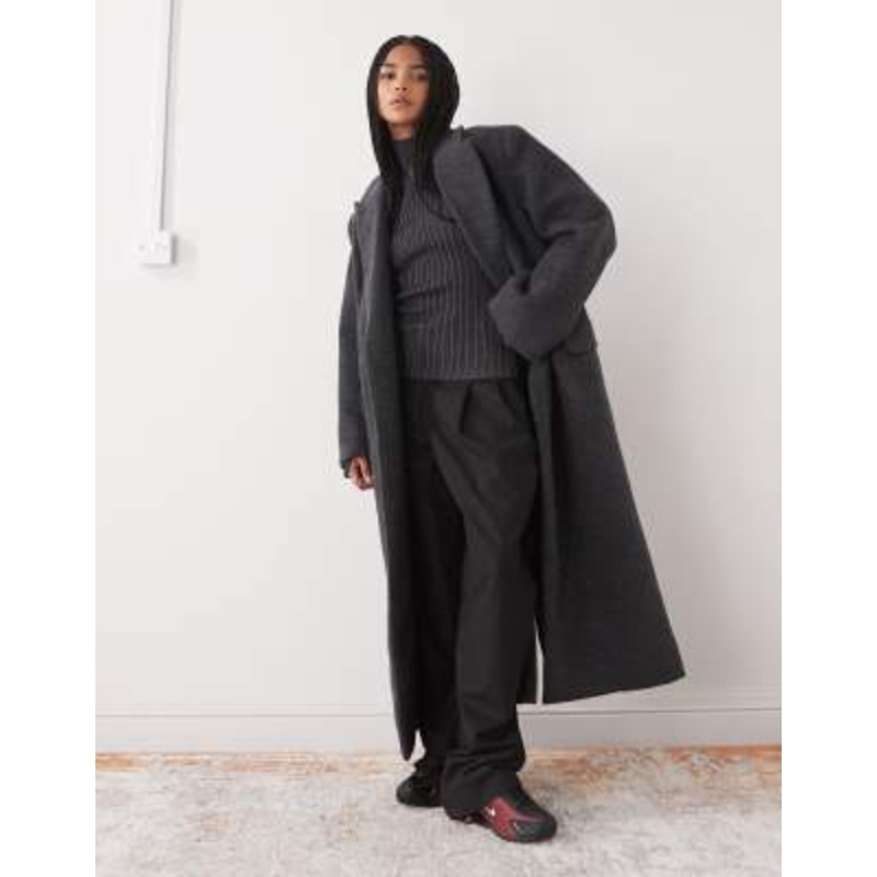 Weekday Logan wool blend hairy oversized double breasted coat in dark gray melange